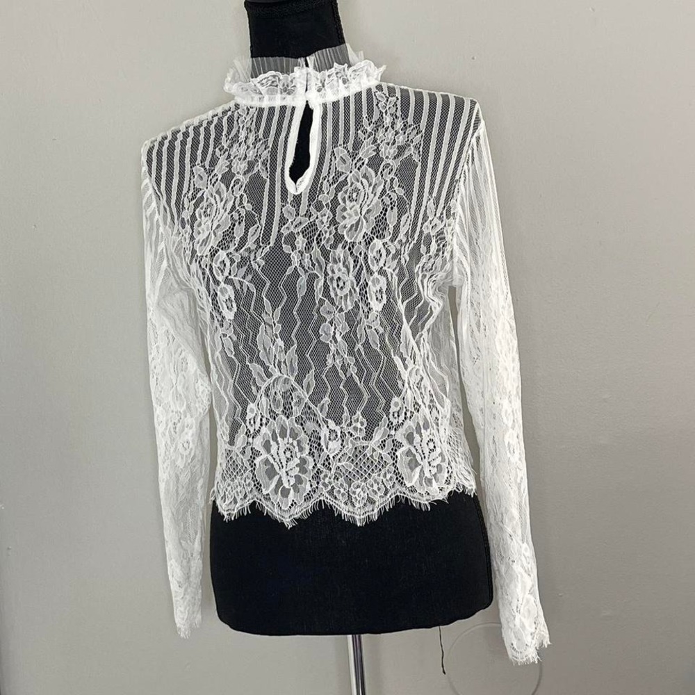 White lace long sleeve top with button smock neck